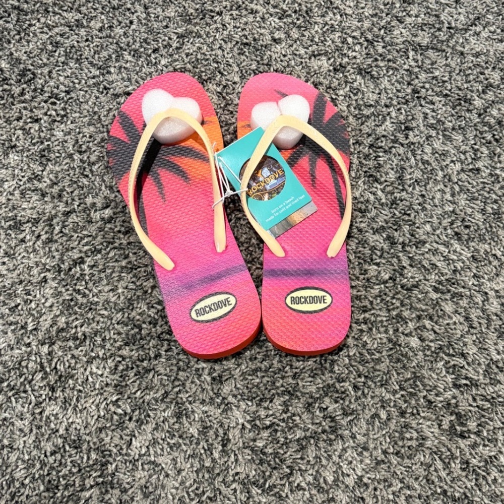 RockDove Womens Tropical Sunset Palm Tree Flip Flop Sandals Pink Orange Size 8